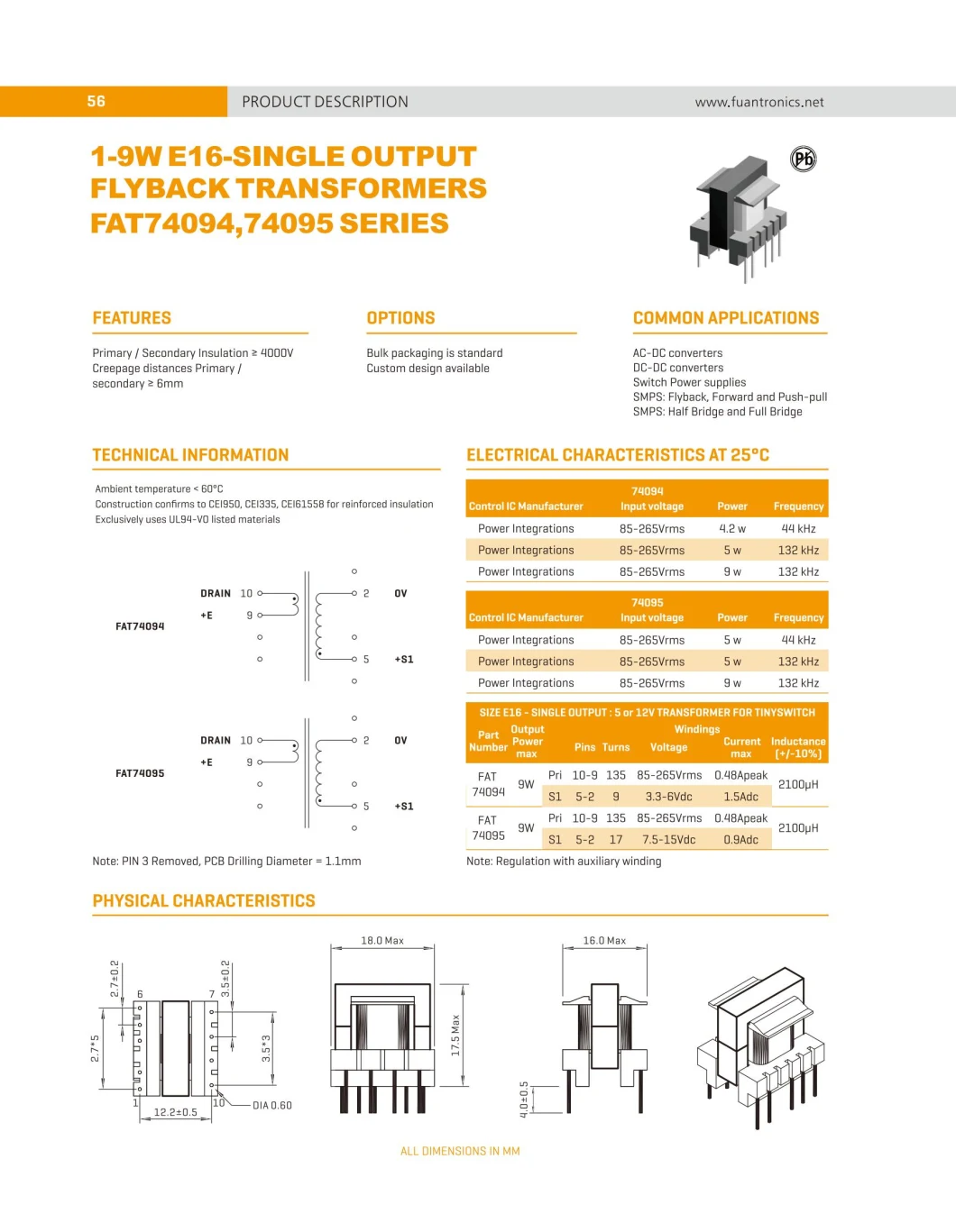 Customized High Frequency Transformer Flyback Transformer with CE&UL for Consumer Electronics/AC-DC Converters/DC-DC Converters